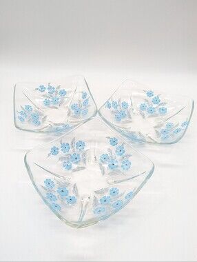 Vintage Anchor Hocking Glass Swedish Modern Blue Floral Serving Dish - Set Of 3